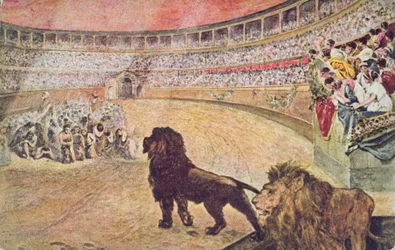 Postkarte, die christliche Märtyrer in der Arena in Rom darstellt, um 1910